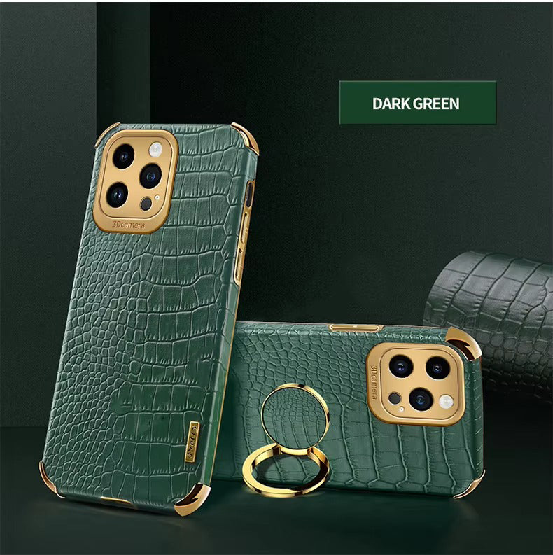 Premium Apple iPhone Case MagSafe Compatible, Camera Lens & Screen Protection, Ultra Thin Shockproof Magnetic Full All Around Protection Cover with Crocodile Leather Ring Holder