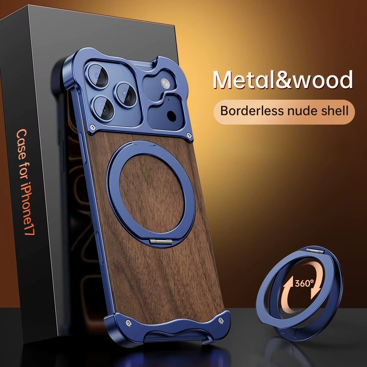 Luxury Wood & Aluminum iPhone Case – MagSafe Compatible Magnetic Cover with 360° Rotating Ring Stand, Shockproof Frame and Camera Lens Protection