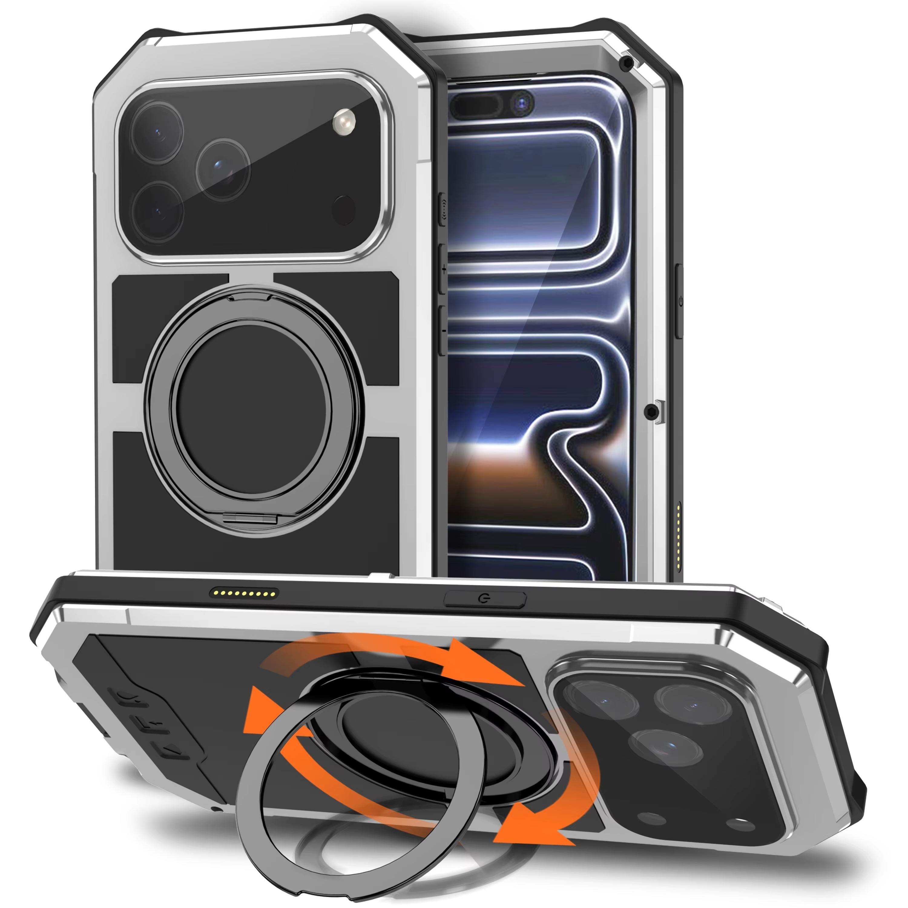 Premium Aluminum Armor iPhone Case – MagSafe Compatible Magnetic Cover with Built-in Kickstand, Glass Screen Protection and Shockproof Bumper