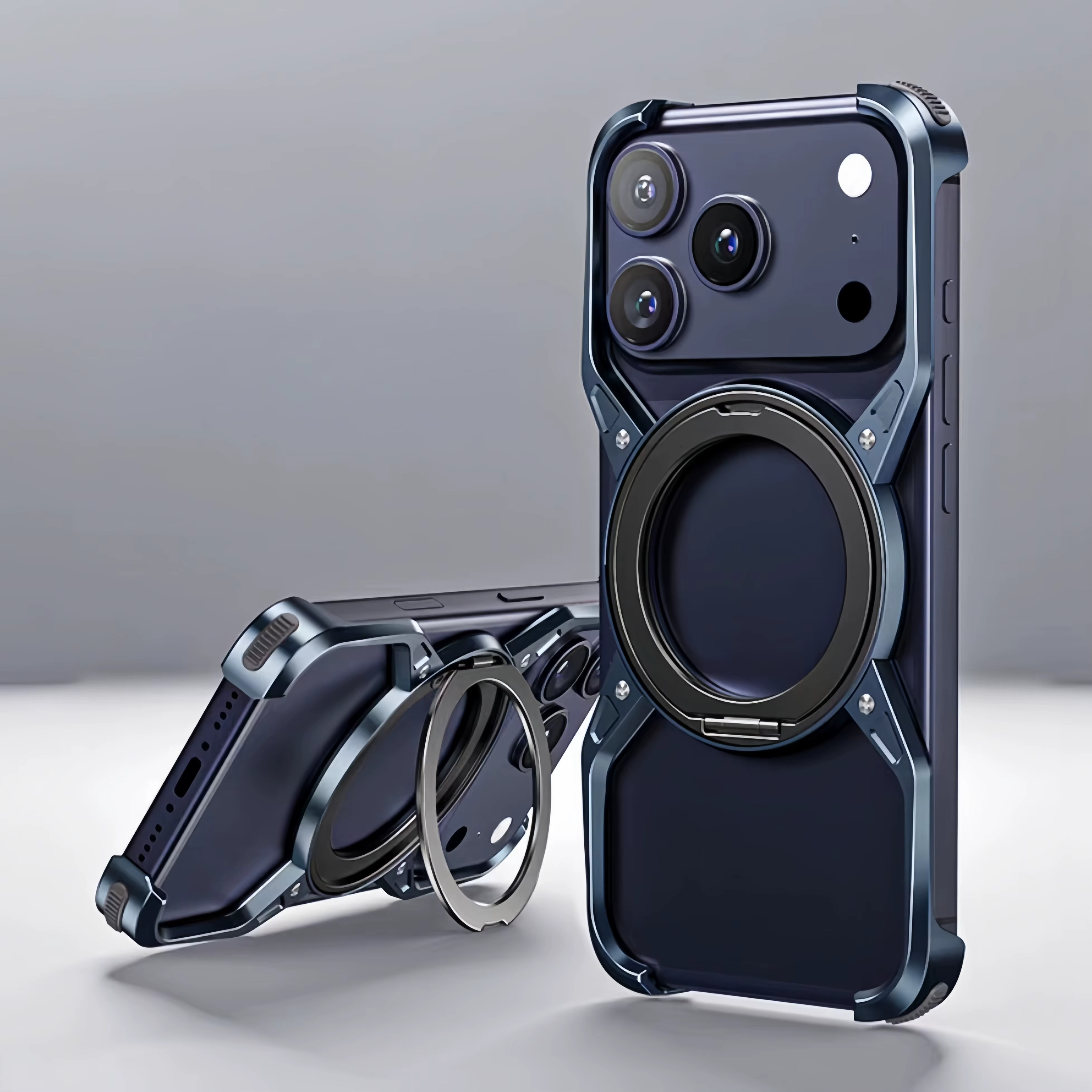 Premium Aluminum Alloy Bumper iPhone Case – MagSafe Compatible Magnetic Cover with 360° Rotating Ring Stand, Shockproof Frame and Camera Protection