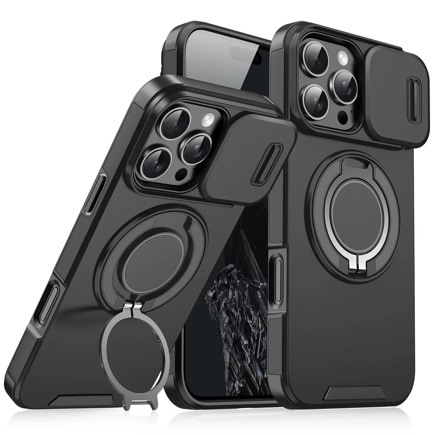 High Quality Apple iPhone Case MagSafe Compatible, Camera Lens & Screen Protection Cover with Slide Lens & Armor Bracket