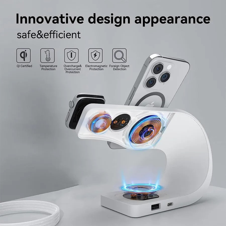 Premium 4 in 1 Magnetic Wireless Charging Station – 15W Fast Charger Dock with LED Indicator for Phones, Apple Watch, AirPods and USB Devices