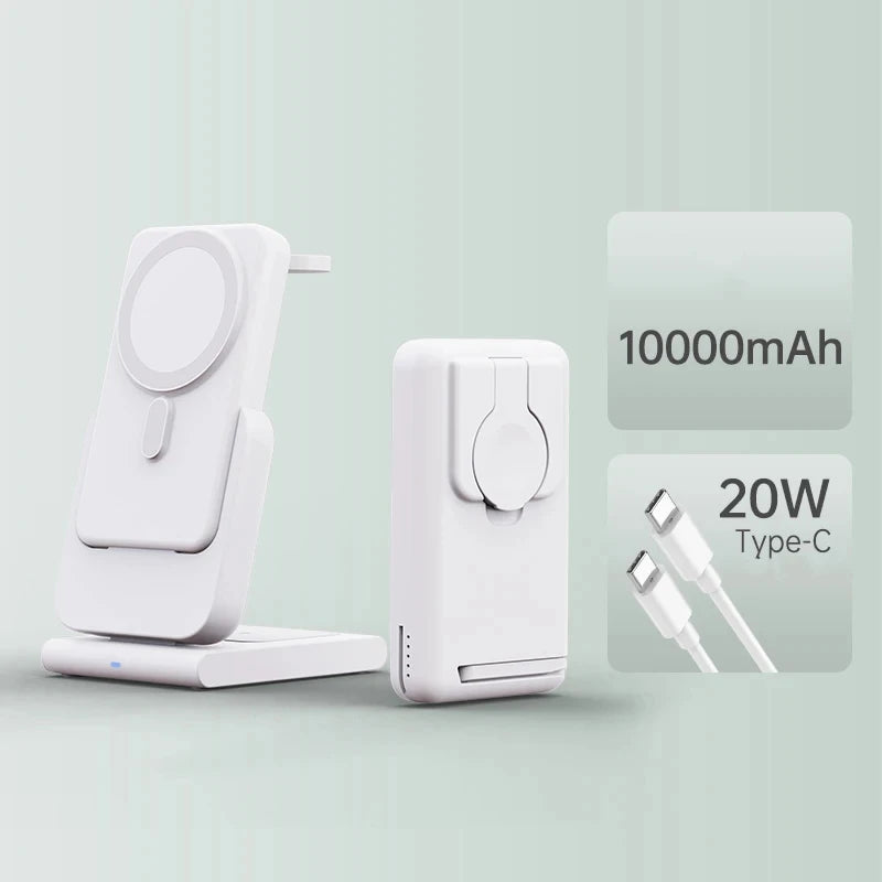 Hochwertige magnetische kabellose 3-in-1-Ladestation und tragbare Powerbank – Schnellladegerät für iPhone, Apple Watch und AirPods mit abnehmbarem Design 