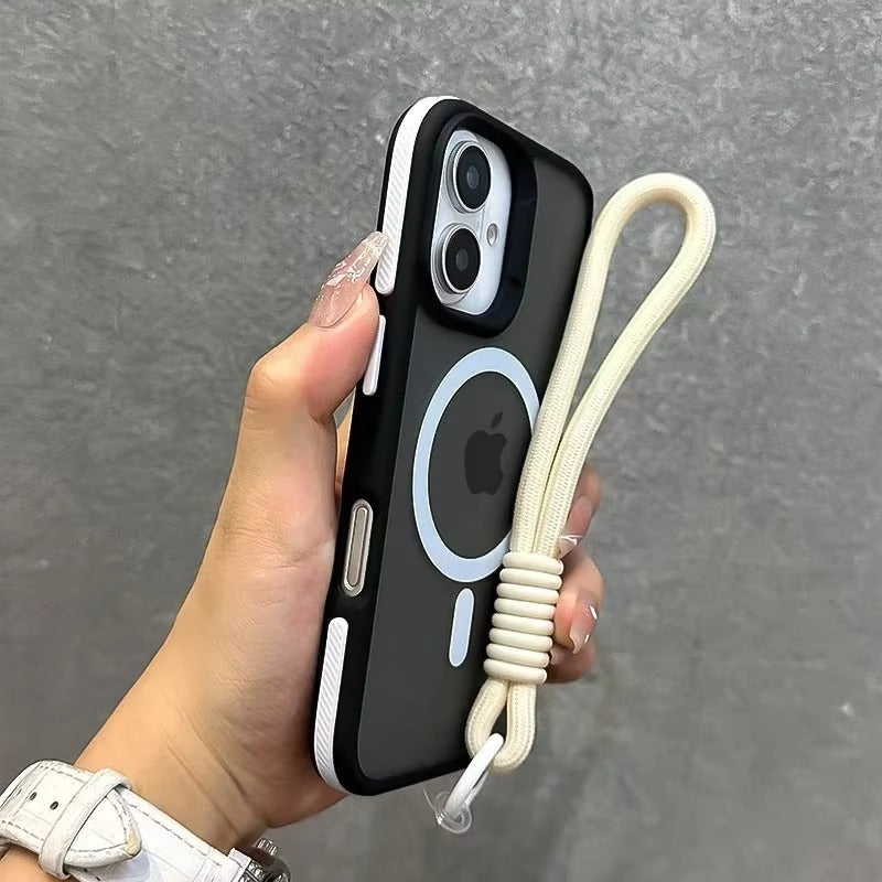 Luxury Apple iPhone Case  Ultra Thin Shockproof Magnetic Full All Around Protection Cover with Matte Stand & Wrist Strap