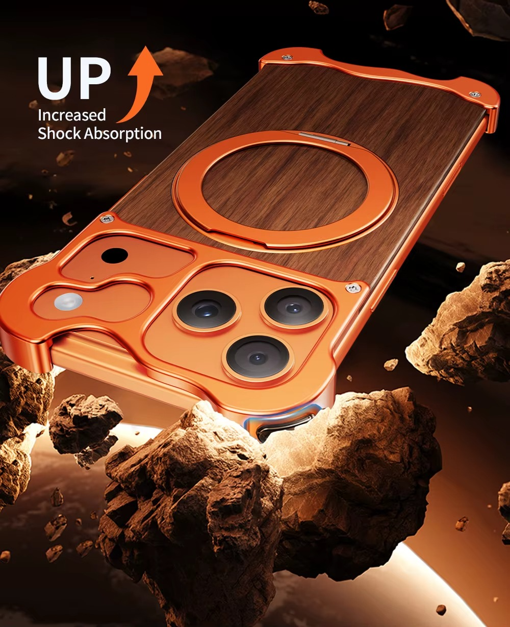 Luxury Wood & Aluminum iPhone Case – MagSafe Compatible Magnetic Cover with 360° Rotating Ring Stand, Shockproof Frame and Camera Lens Protection