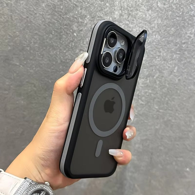 Luxury Apple iPhone Case  Ultra Thin Shockproof Magnetic Full All Around Protection Cover with Matte Stand & Wrist Strap