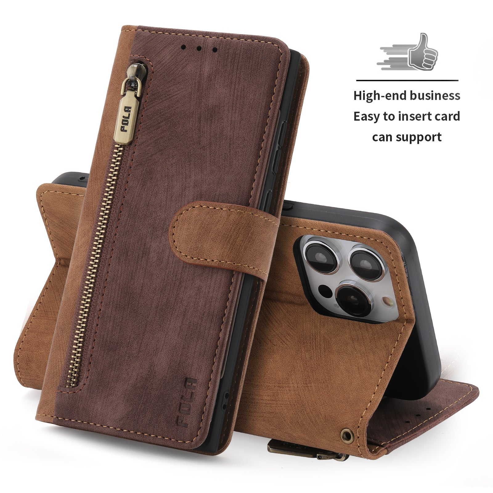 RFID-blockierende Leder-Brieftaschenhülle für iPhone – Klapphülle mit Reißverschluss, Kartenfach, magnetischer Ständer, stoßfester Schutz, Premium-Design für iPhone