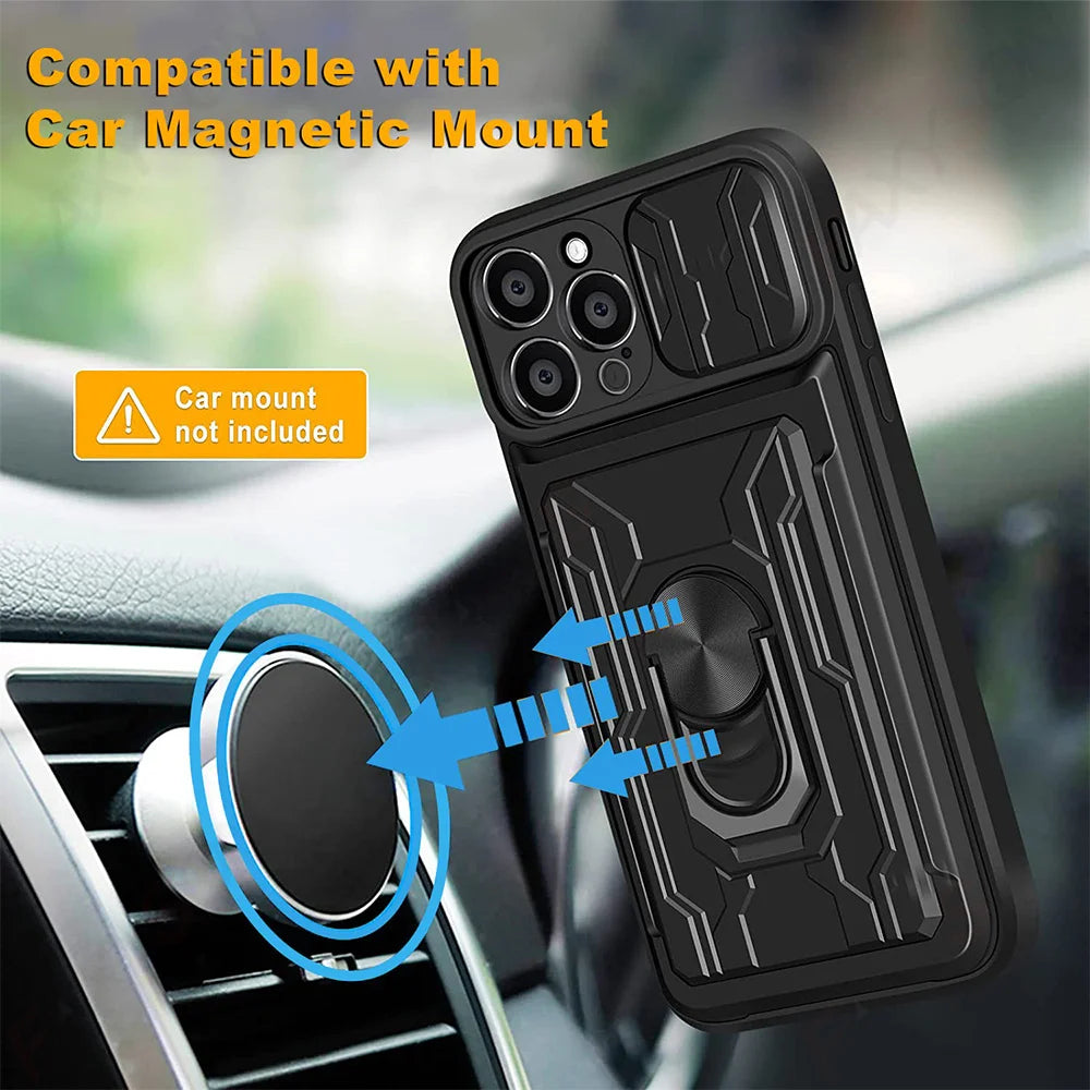 Hidden Slide Card Slot iPhone Case – Lens Protection, Magnetic Ring Stand, Shockproof Cover for iPhone Models