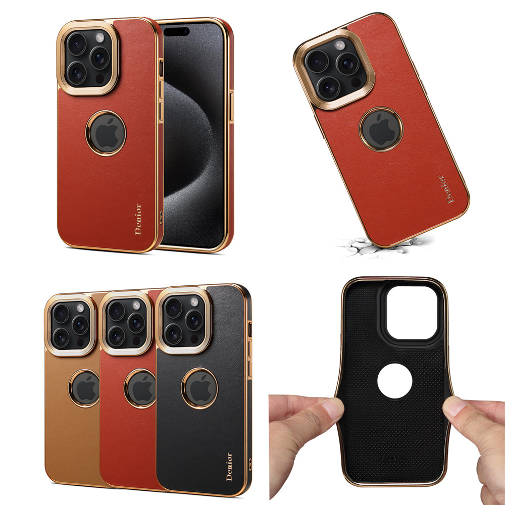 Luxury Business Cowhide Leather iPhone Case – Plating Shockproof Cover for iPhone Models, Sleek and Durable Design