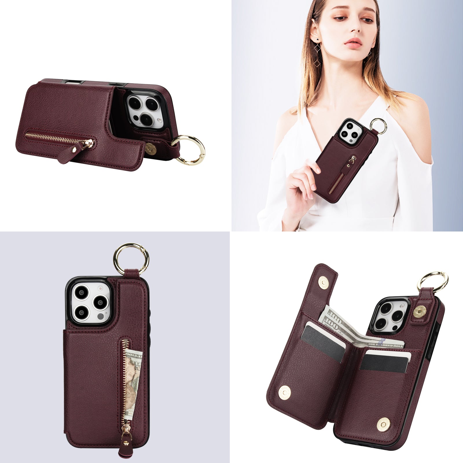 Luxuriöse iPhone-Hülle aus Leder im Brieftaschenformat mit Reißverschluss – Kartenhalter, Ringständer, stoßfester Schutz und Crossbody-Design für sicheren und stilvollen Komfort