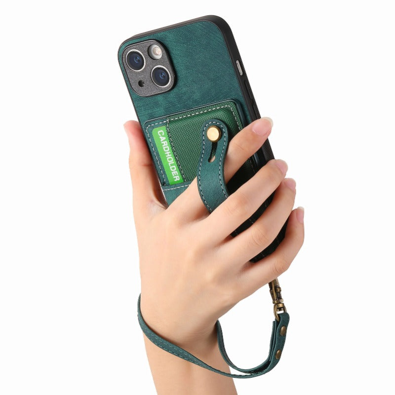 Luxury PU Leather Wallet iPhone Case with Wrist Strap – Stand Function, Card Holder, Protection for Secure and Convenience