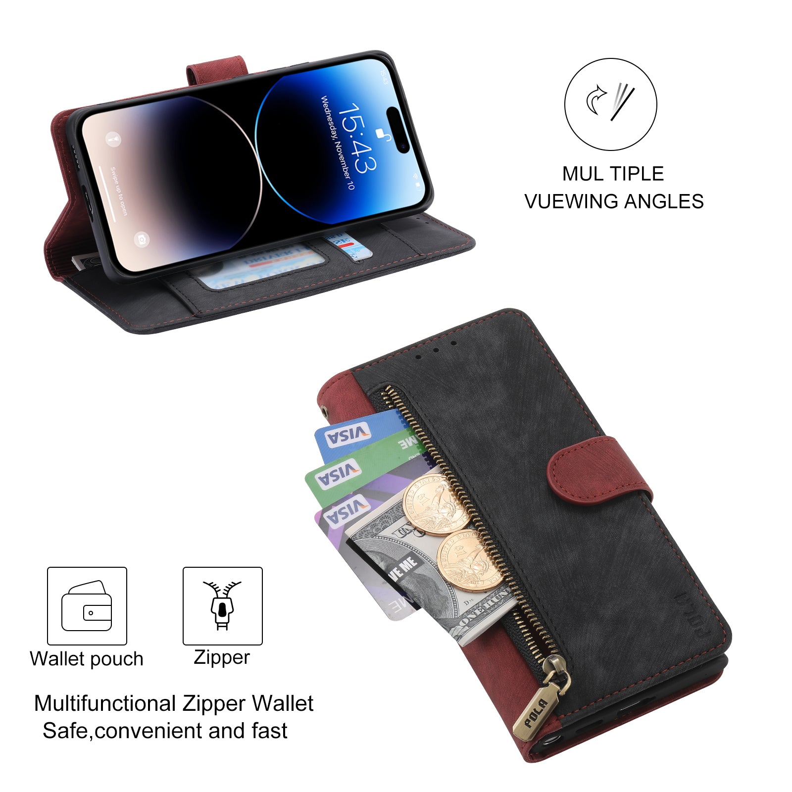 RFID-blockierende Leder-Brieftaschenhülle für iPhone – Klapphülle mit Reißverschluss, Kartenfach, magnetischer Ständer, stoßfester Schutz, Premium-Design für iPhone