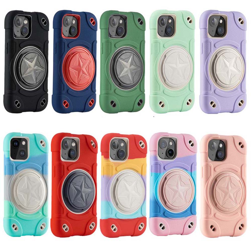 Shield Rotating Ring Rugged Stand iPhone Case – Star Design, Macaron Color Bumper Cover, Durable Protection for iPhone Models