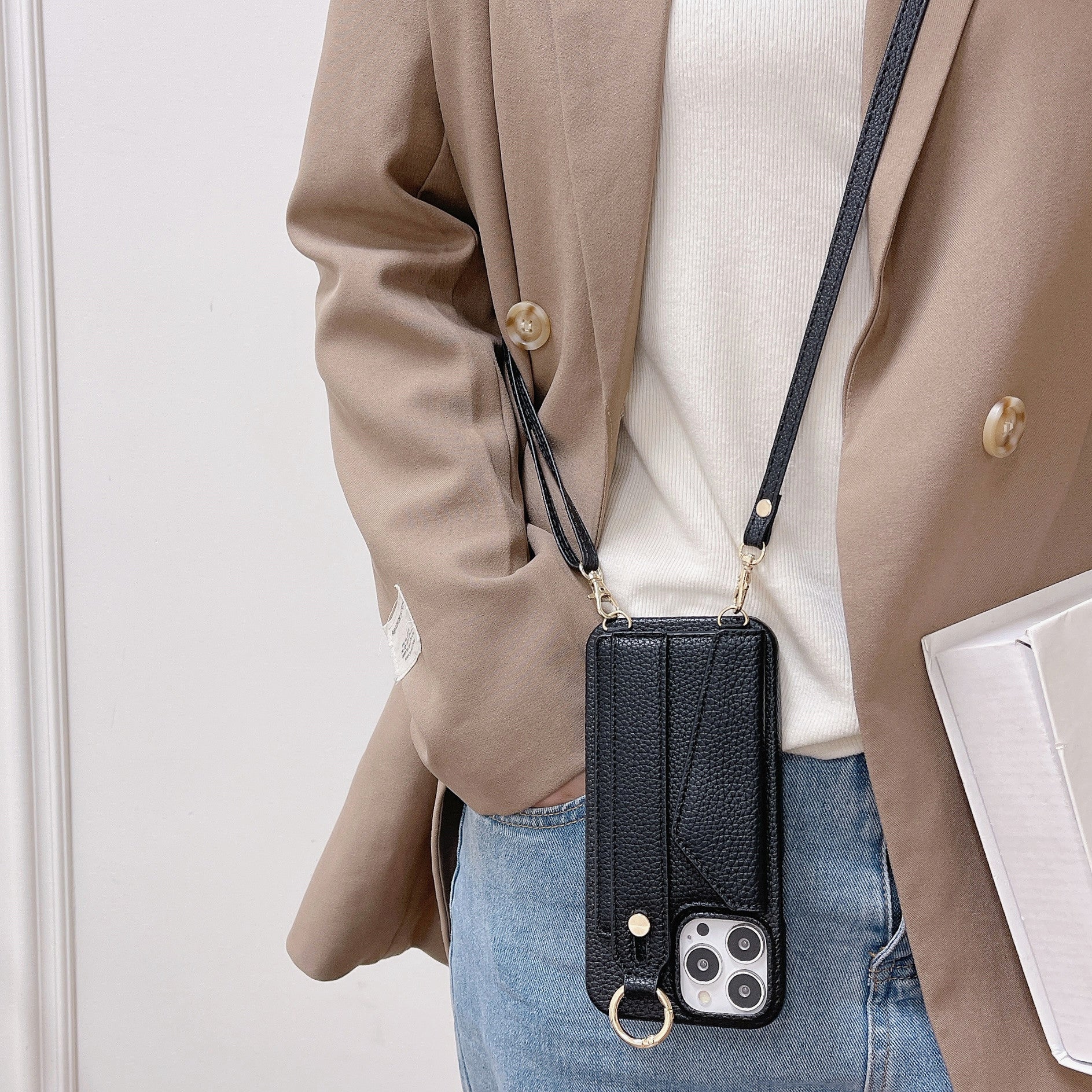 Luxury Crossbody Leather Wallet iPhone Case – Wrist Strap, Ring Holder, Card Slot, Shockproof Protection, Stylish Design for iPhone