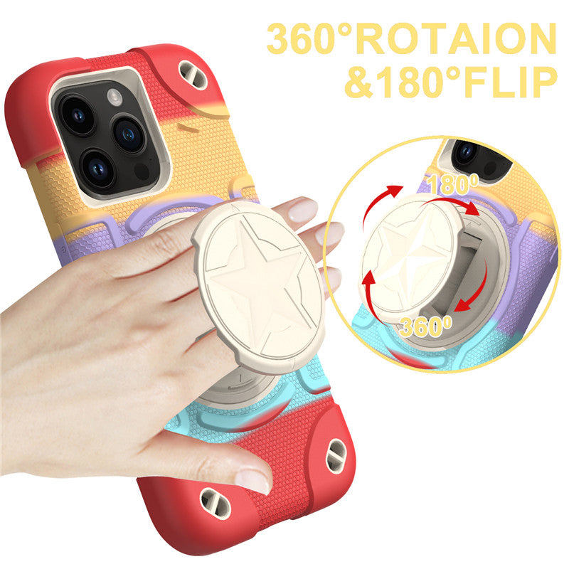 Shield Rotating Ring Rugged Stand iPhone Case – Star Design, Macaron Color Bumper Cover, Durable Protection for iPhone Models