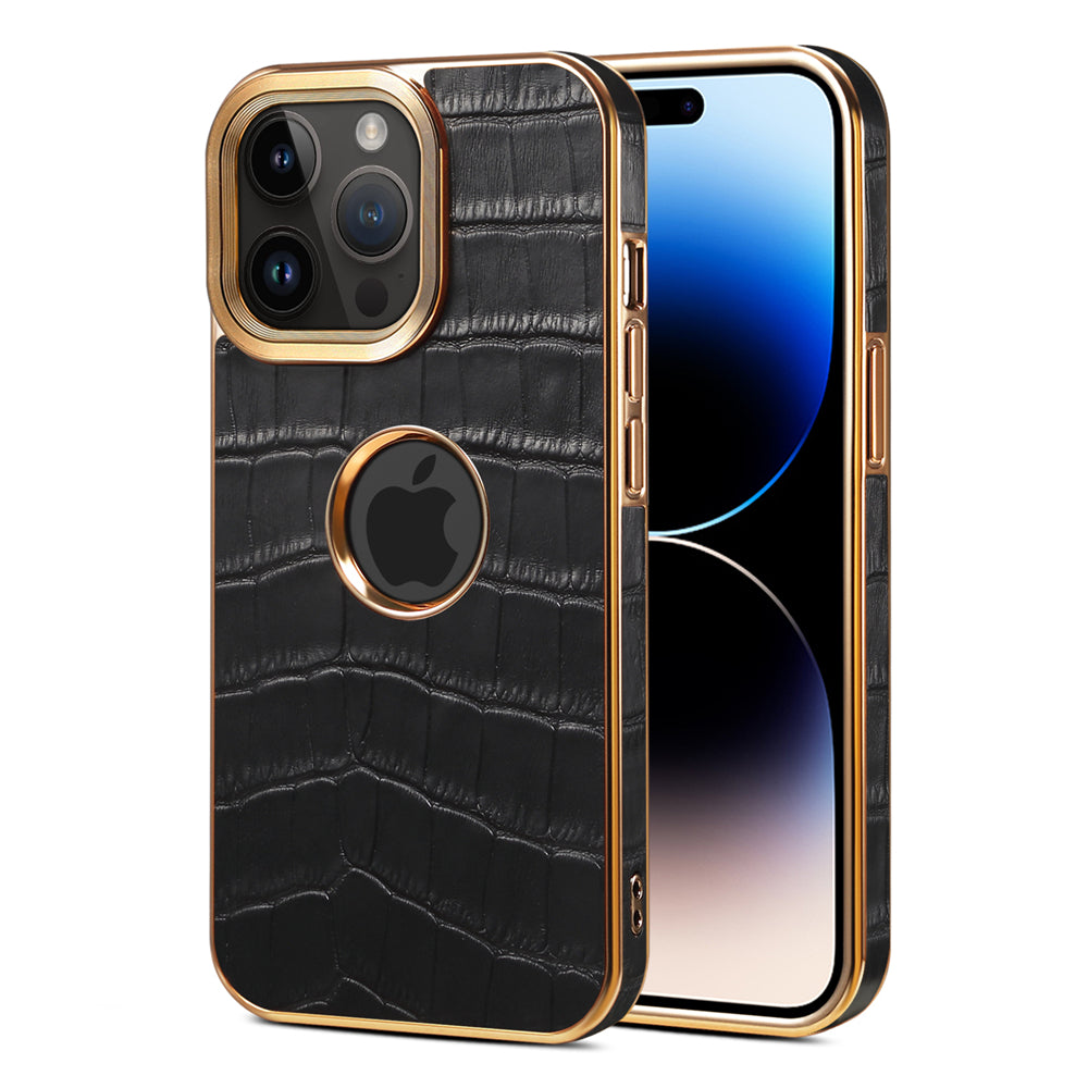 Luxury Plating Gold Genuine Cowhide Leather Case for iPhone - Crocodile Plaid Pattern Durable, Elegant Wallet Cover