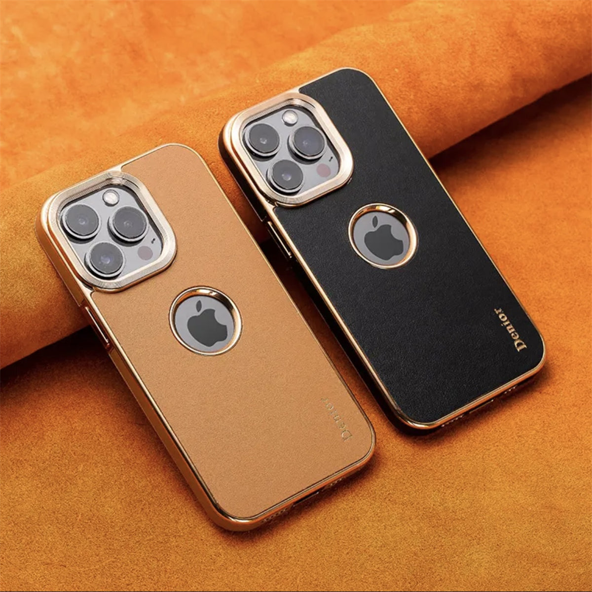 Luxury Business Cowhide Leather iPhone Case – Plating Shockproof Cover for iPhone Models, Sleek and Durable Design