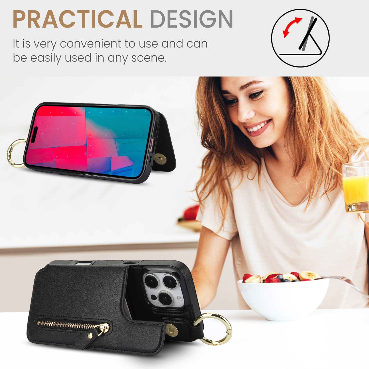 Luxuriöse iPhone-Hülle aus Leder im Brieftaschenformat mit Reißverschluss – Kartenhalter, Ringständer, stoßfester Schutz und Crossbody-Design für sicheren und stilvollen Komfort