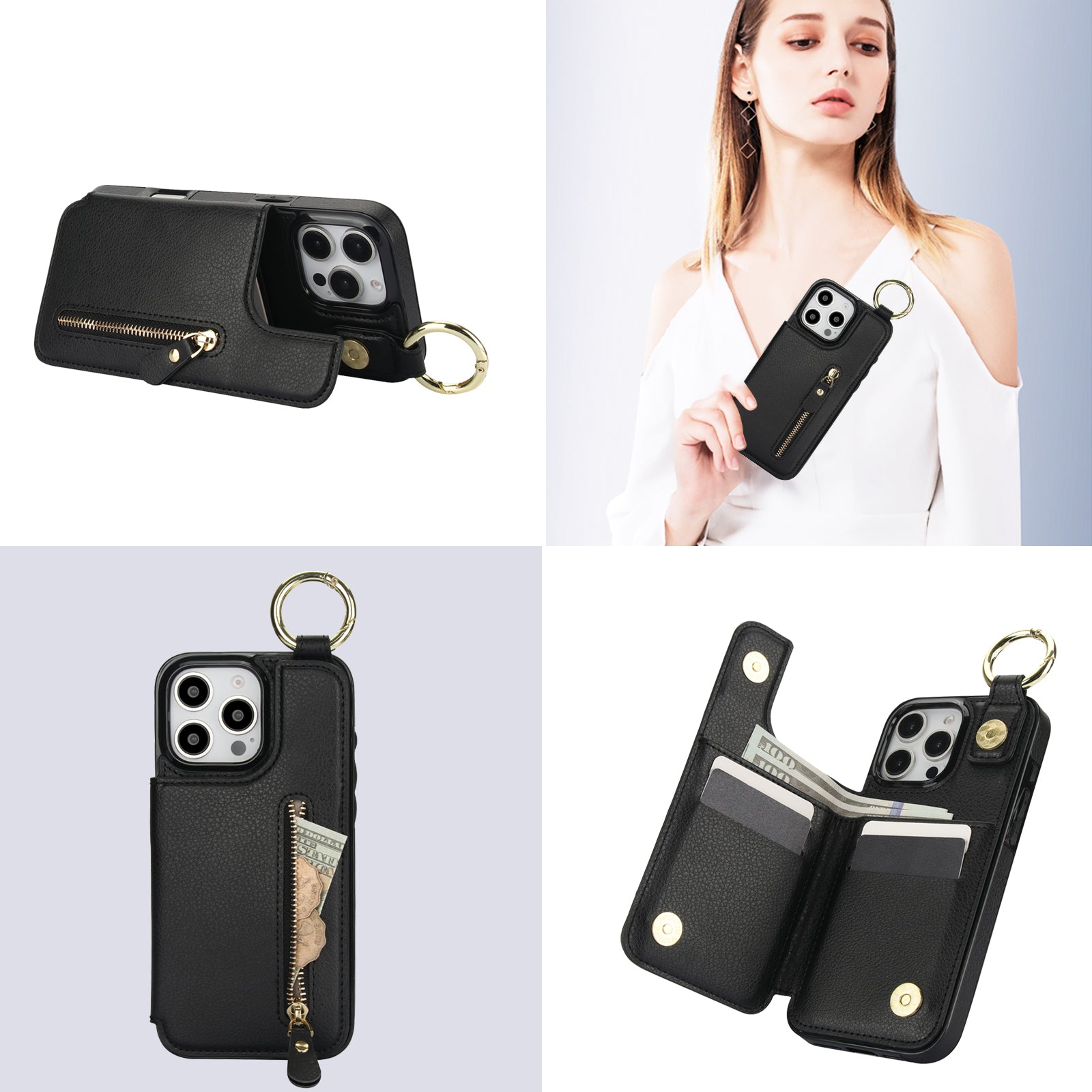 Luxuriöse iPhone-Hülle aus Leder im Brieftaschenformat mit Reißverschluss – Kartenhalter, Ringständer, stoßfester Schutz und Crossbody-Design für sicheren und stilvollen Komfort