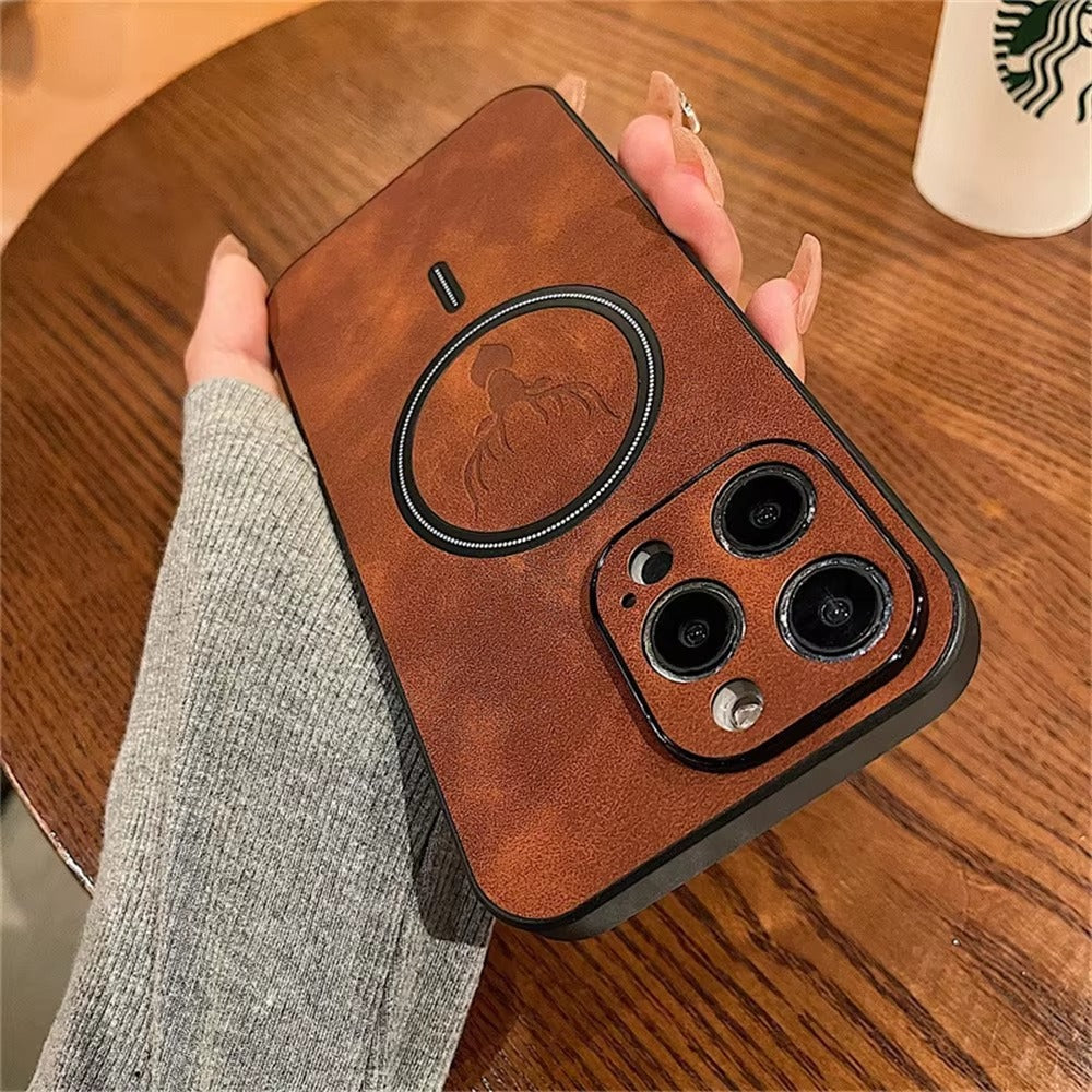 Luxury PU Leather MagSafe iPhone Case – Deer Embossed Design,  Stylish & Durable Full Protection Cover | Case for iPhone