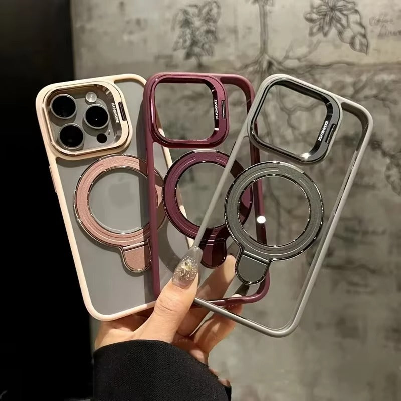 Luxury Apple iPhone Case MagSafe Compatible, Camera Lens & Screen Protection, Cover with Transparent Kickstand Bumper