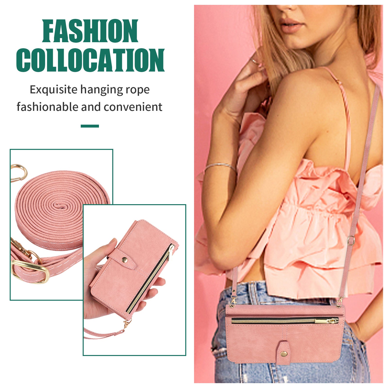 Luxury Crossbody Zipper Wallet iPhone Case – Leather Card Holder, Lanyard Strap, Closure Hands-Free Convenience for iPhone