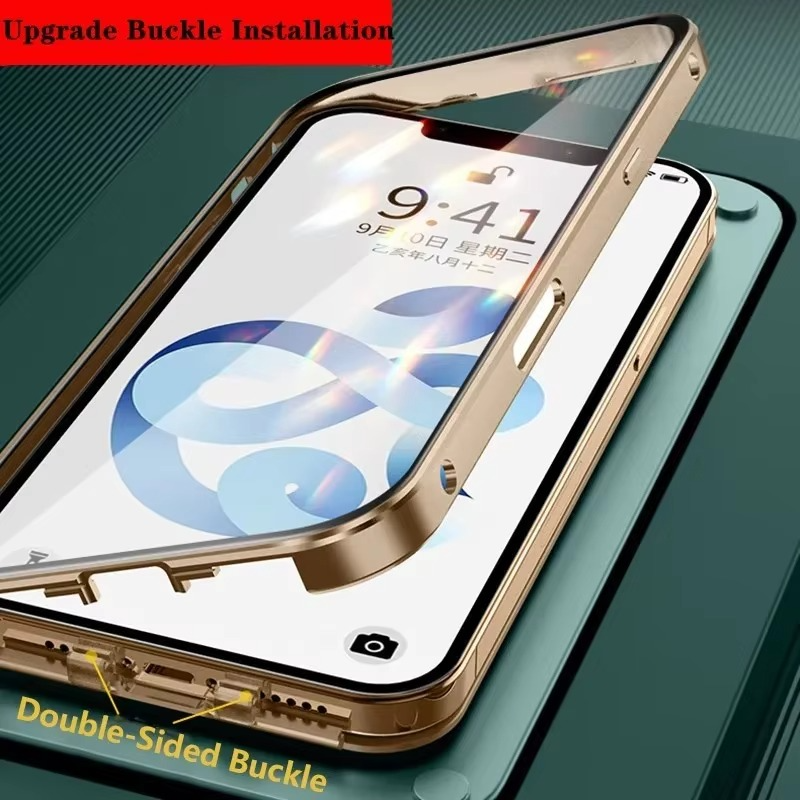 Luxury Apple iPhone Case, MagSafe Compatible, Camera Lens and Screen Protection, Ultra Thin, Shockproof, Magnetic, Full All Around Protection, Double Glass Lock Bumper Case