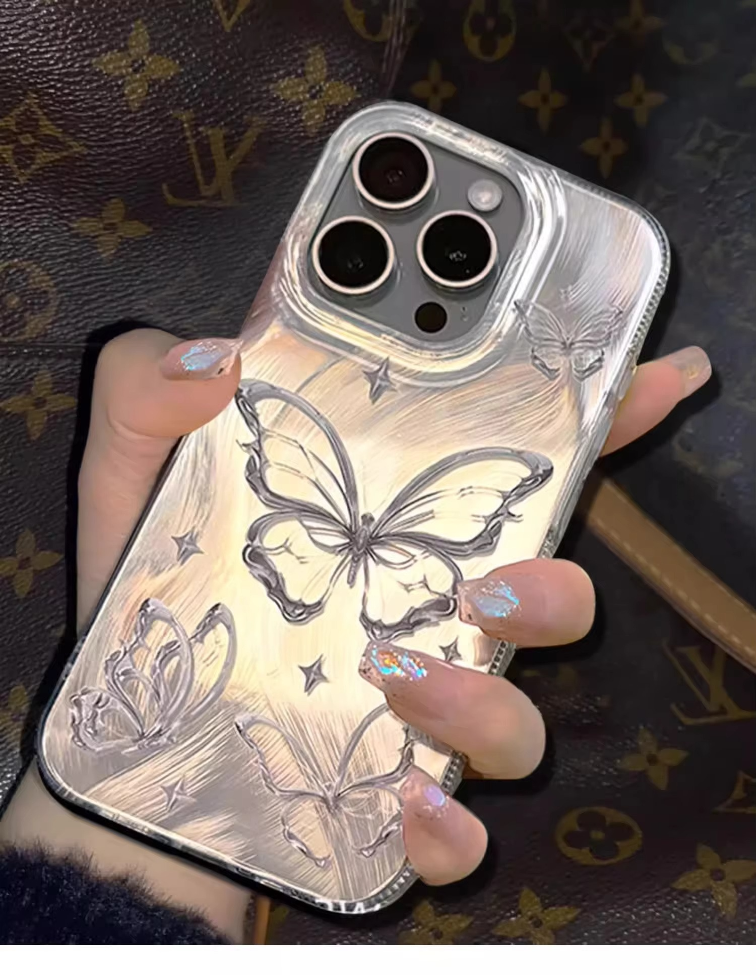 Luxury Apple iPhone Case, MagSafe Compatible, Camera Lens and Screen Protection, Ultra Thin, Shockproof, Magnetic, Full All Around Protection, Laser Silver Butterfly Cover
