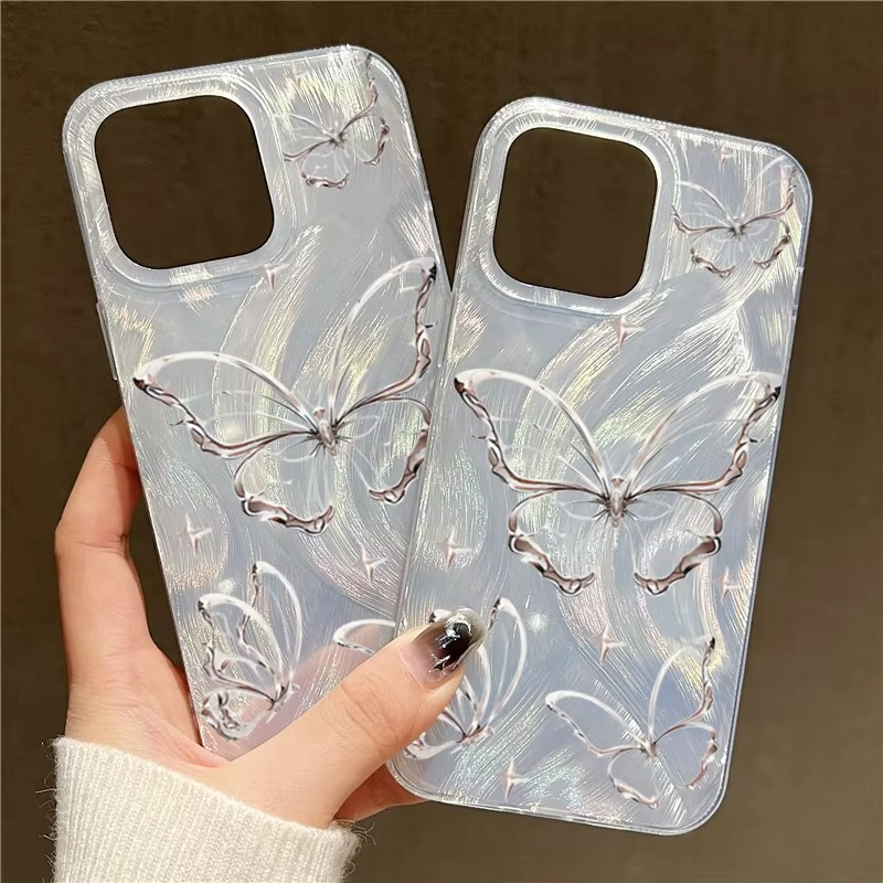 Luxury Apple iPhone Case, MagSafe Compatible, Camera Lens and Screen Protection, Ultra Thin, Shockproof, Magnetic, Full All Around Protection, Laser Silver Butterfly Cover