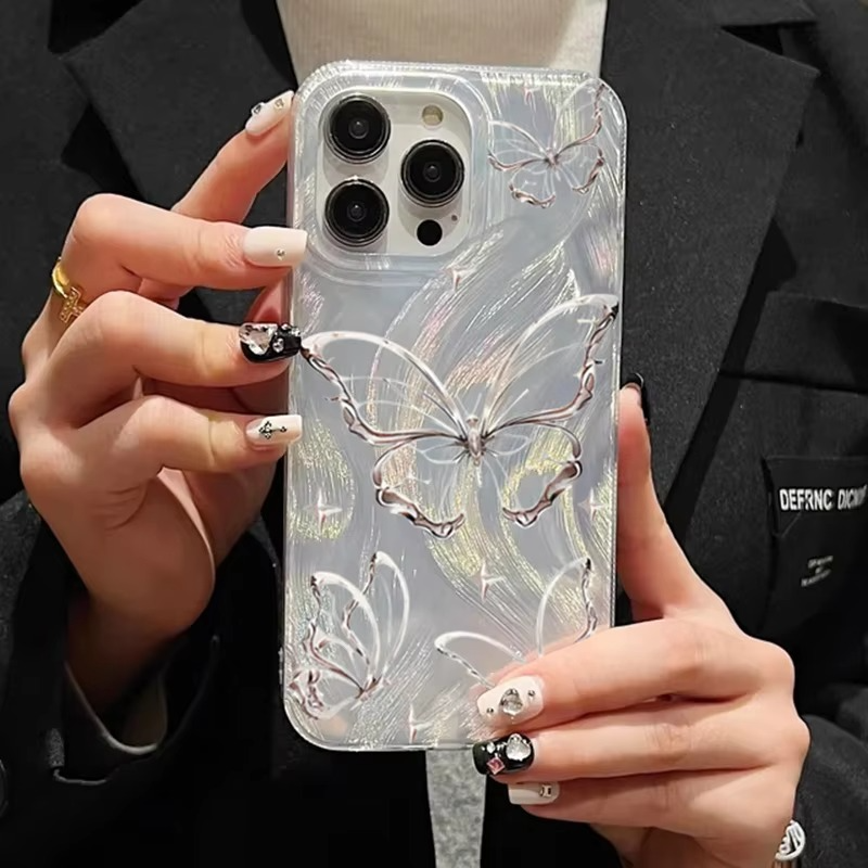 Luxury Apple iPhone Case, MagSafe Compatible, Camera Lens and Screen Protection, Ultra Thin, Shockproof, Magnetic, Full All Around Protection, Laser Silver Butterfly Cover