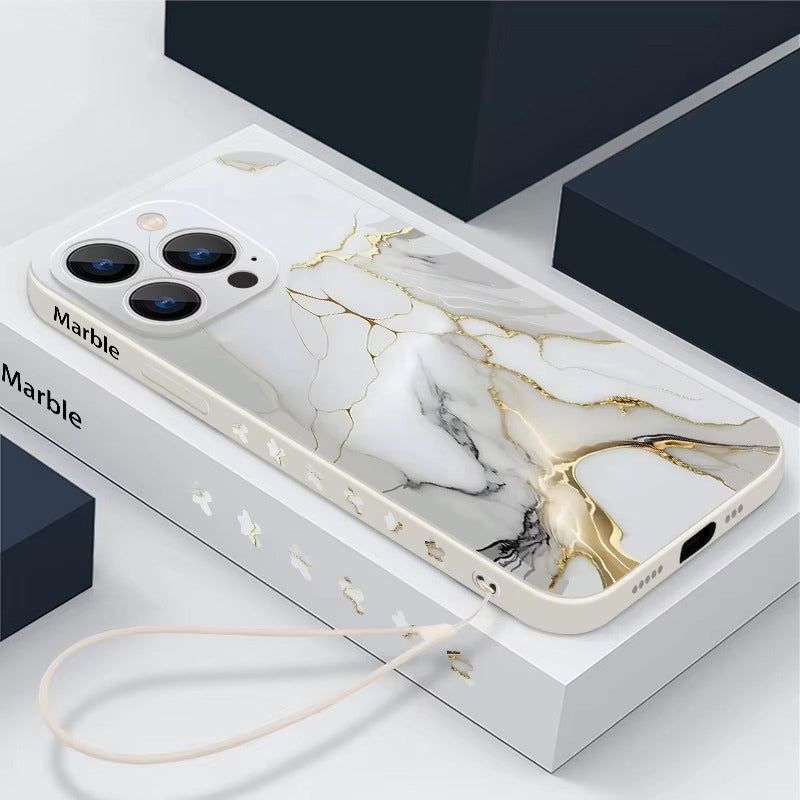 Luxury Apple iPhone Case, MagSafe Compatible, Camera Lens and Screen Protection, Ultra Thin, Shockproof, Magnetic, Full All Around Protection, Marble Silicone Lanyard Cover