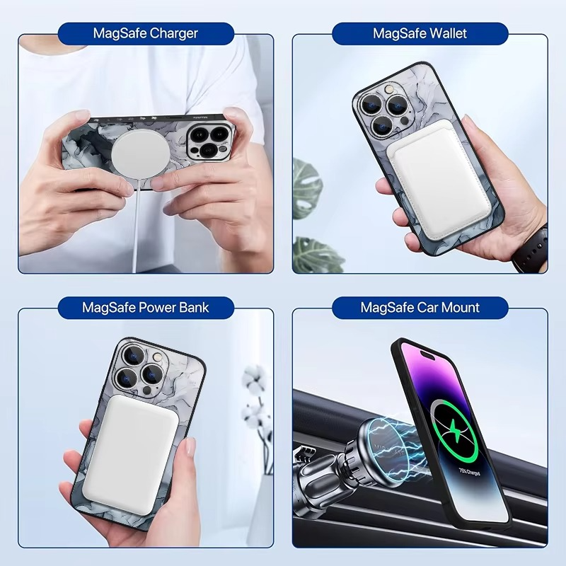 Luxury Apple iPhone Case, MagSafe Compatible, Camera Lens and Screen Protection, Ultra Thin, Shockproof, Magnetic, Full All Around Protection, Marble Silicone Lanyard Cover