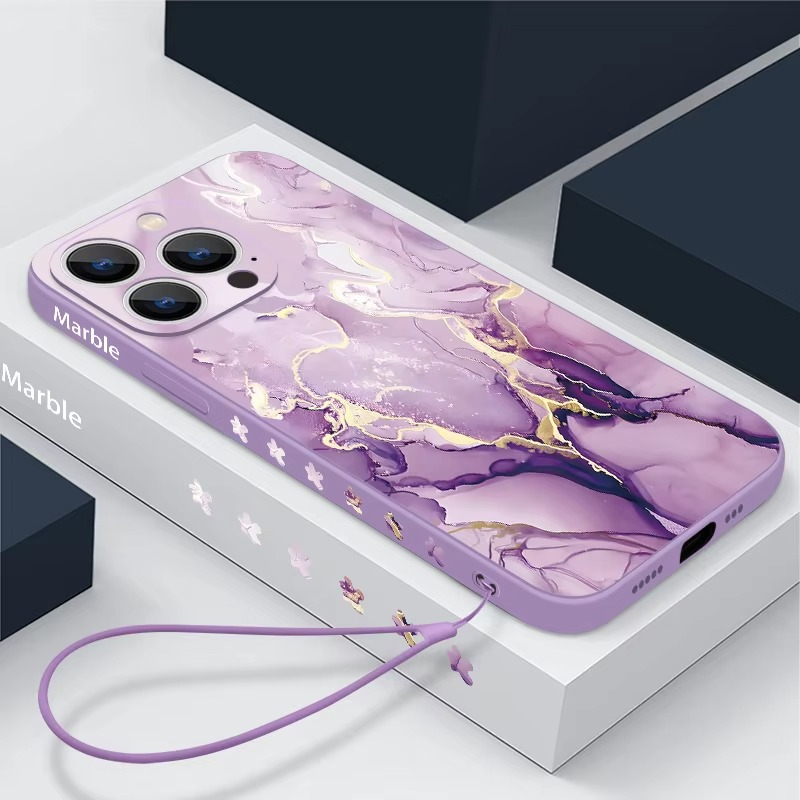 Luxury Apple iPhone Case, MagSafe Compatible, Camera Lens and Screen Protection, Ultra Thin, Shockproof, Magnetic, Full All Around Protection, Marble Silicone Lanyard Cover