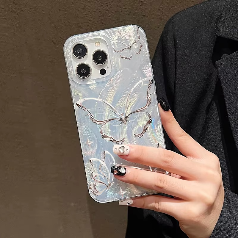 Luxury Apple iPhone Case, MagSafe Compatible, Camera Lens and Screen Protection, Ultra Thin, Shockproof, Magnetic, Full All Around Protection, Laser Silver Butterfly Cover