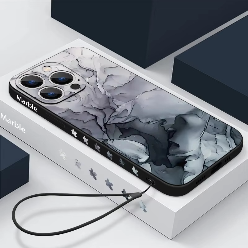 Luxury Apple iPhone Case, MagSafe Compatible, Camera Lens and Screen Protection, Ultra Thin, Shockproof, Magnetic, Full All Around Protection, Marble Silicone Lanyard Cover