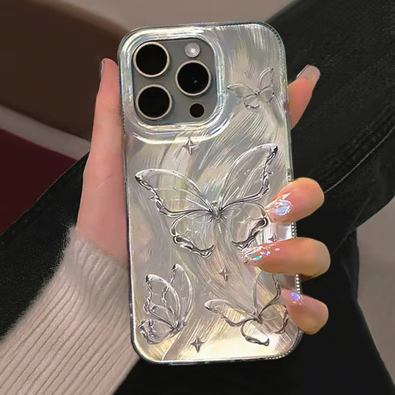 Luxury Apple iPhone Case, MagSafe Compatible, Camera Lens and Screen Protection, Ultra Thin, Shockproof, Magnetic, Full All Around Protection, Laser Silver Butterfly Cover