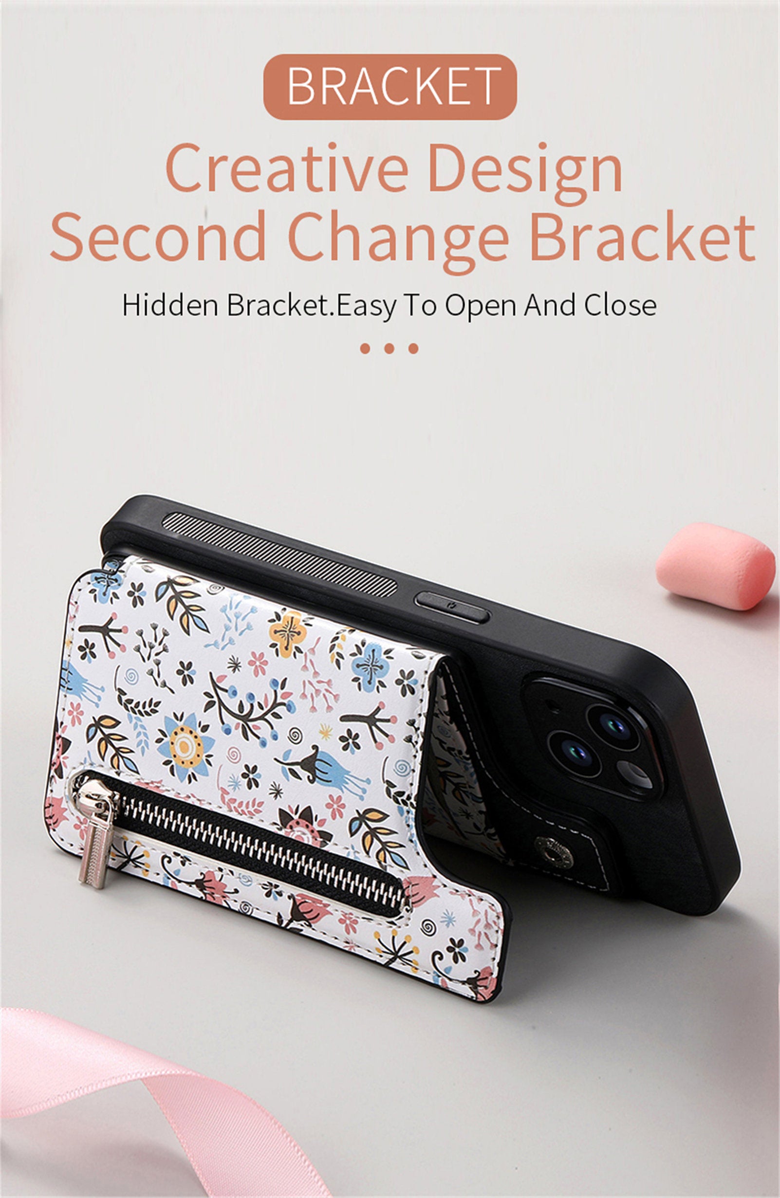 Zipper Card Slot Wallet iPhone Case – Magnetic Closure, Purse Pocket, Floral Design, Shockproof Protective Cover for iPhone