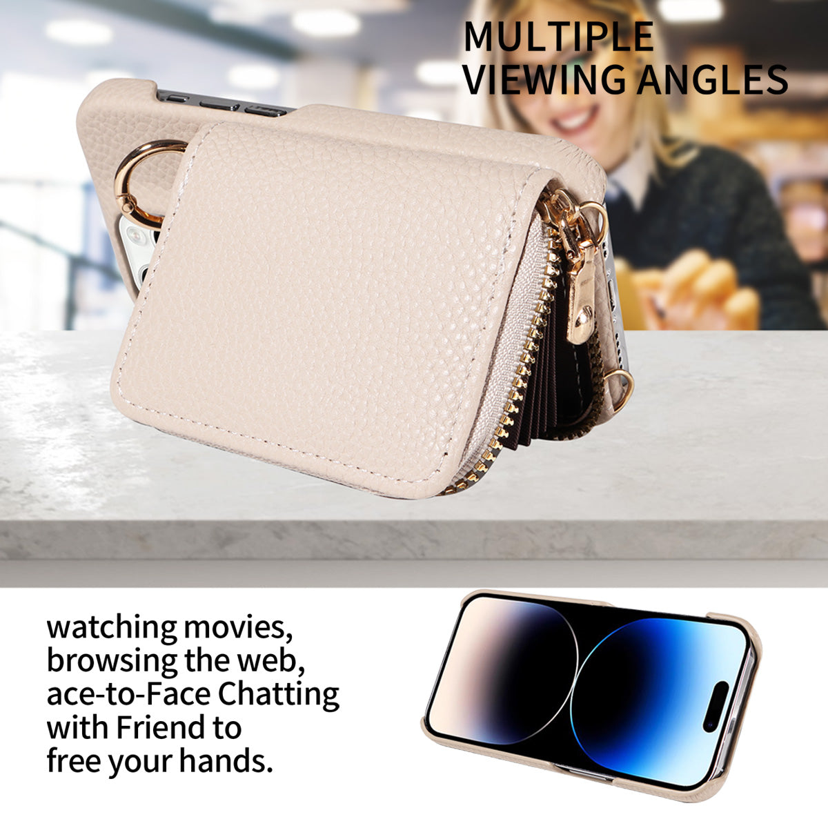 Luxury Zipper Wallet Crossbody iPhone Case Leather Cover with Card Holder Lanyard Strap and Full Protection for iPhone Models