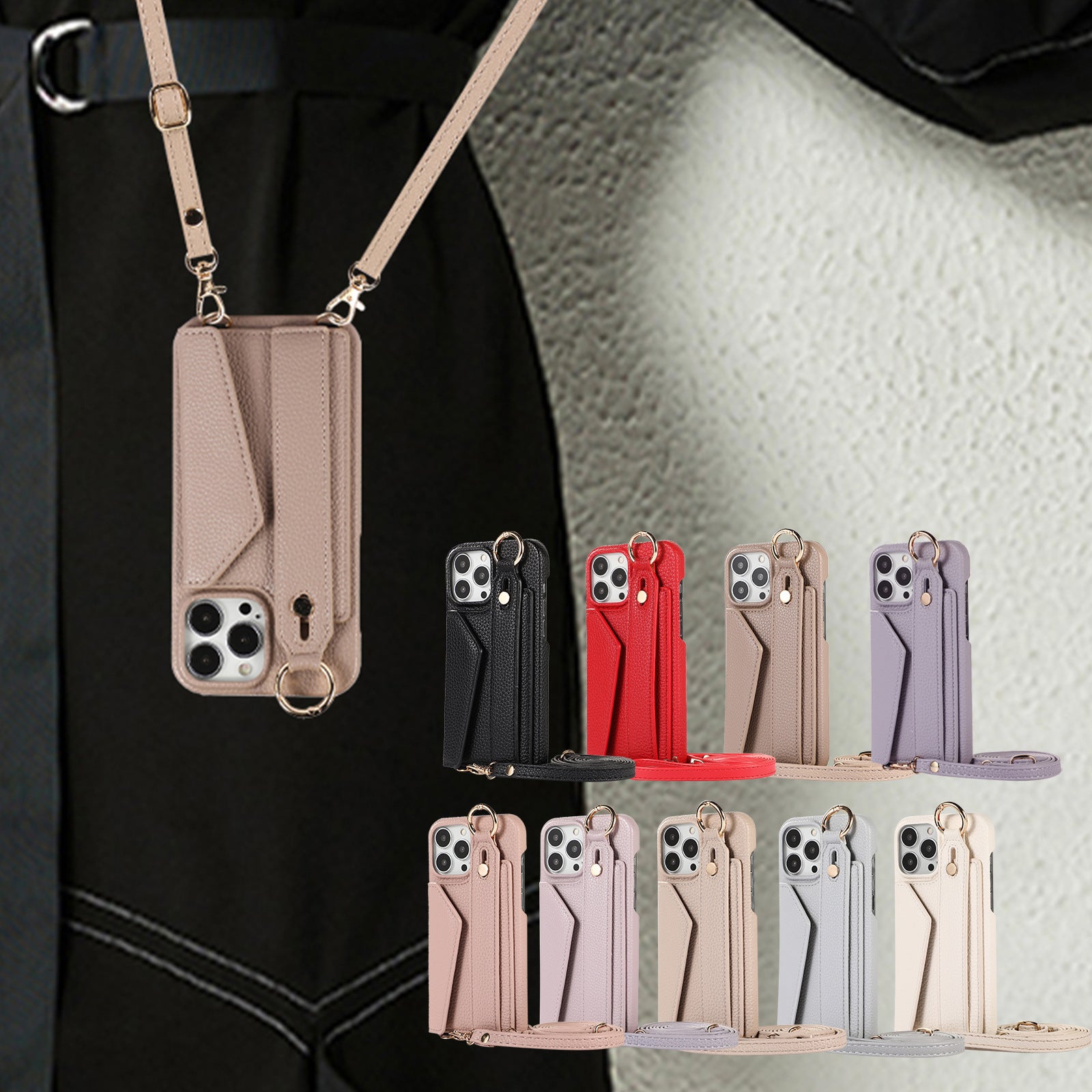 Luxuriöse Crossbody-Hülle aus Leder für das iPhone – Handschlaufe, Ringhalter, Kartenfach, stoßfester Schutz, stilvolles Design für das iPhone