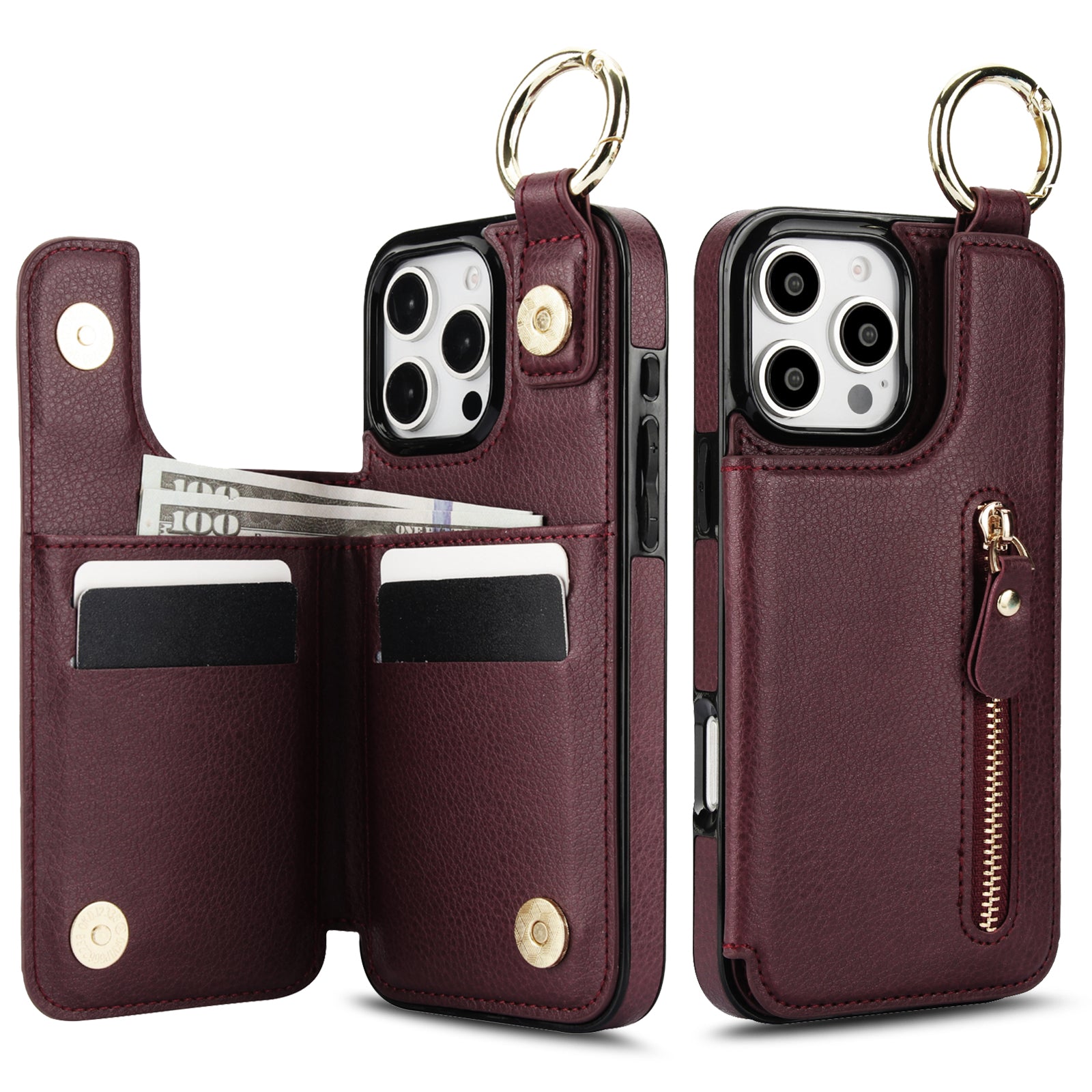 Luxuriöse iPhone-Hülle aus Leder im Brieftaschenformat mit Reißverschluss – Kartenhalter, Ringständer, stoßfester Schutz und Crossbody-Design für sicheren und stilvollen Komfort