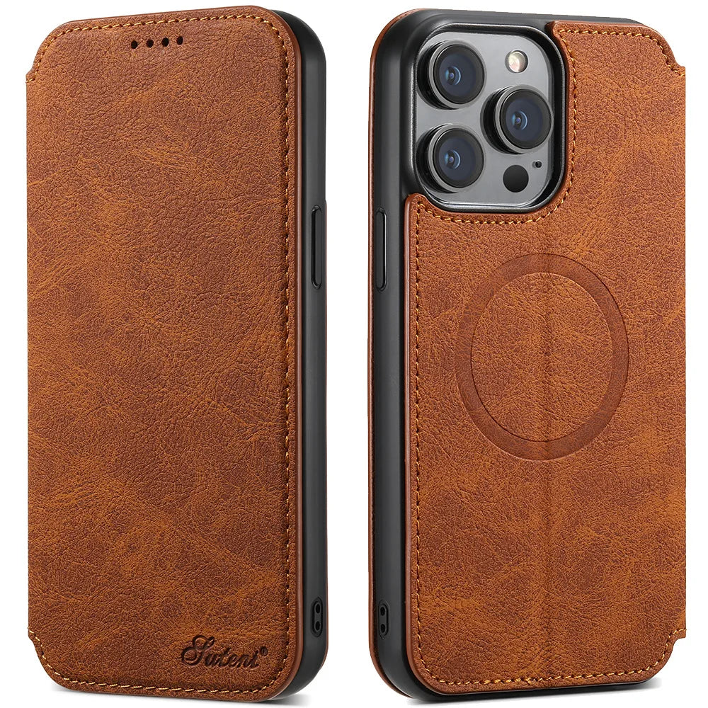 Luxury Leather Magnetic Flip iPhone Case – MagSafe Wallet Card Holder, Wireless Charging Compatible, Shockproof Protection, Elegant Design for iPhone Models
