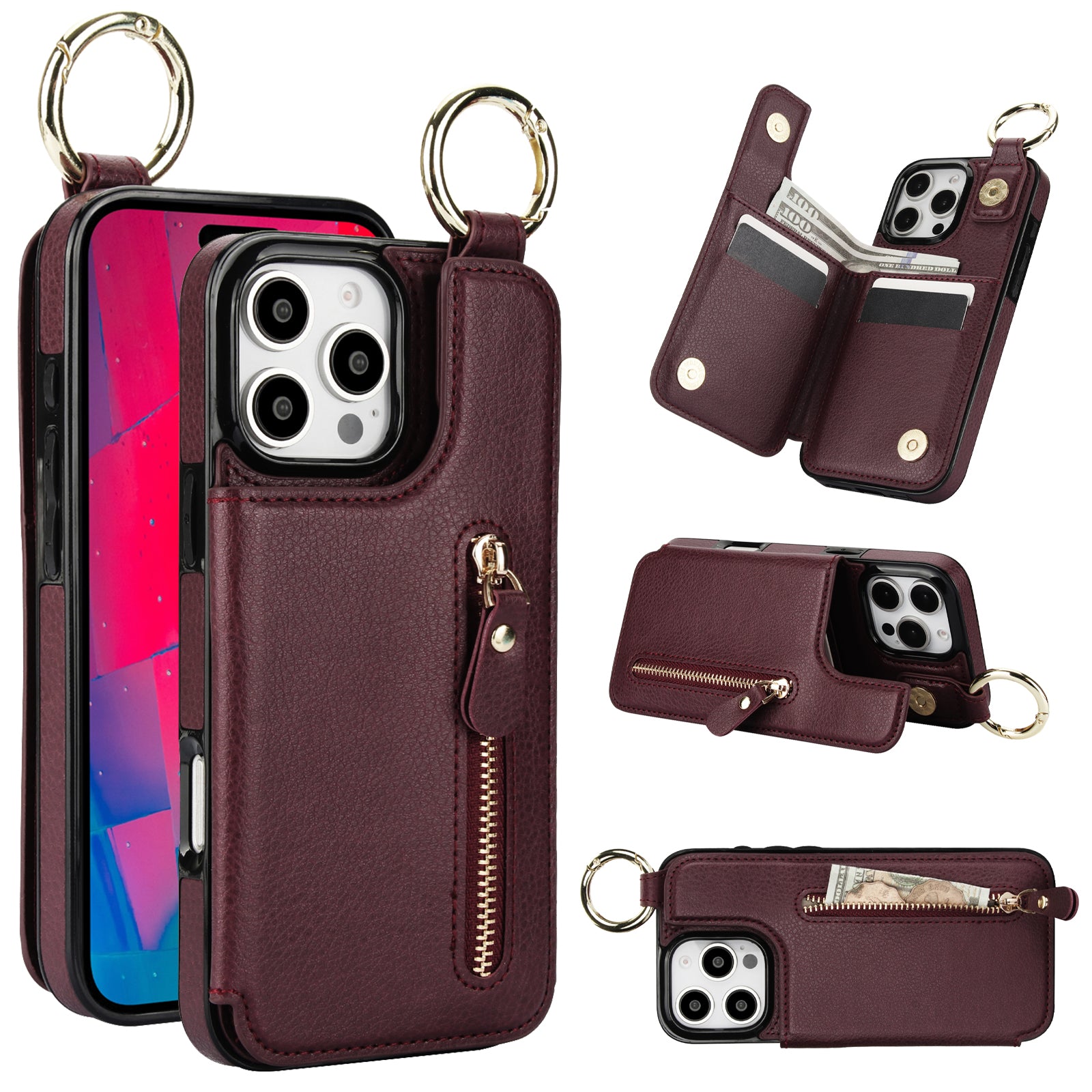 Luxuriöse iPhone-Hülle aus Leder im Brieftaschenformat mit Reißverschluss – Kartenhalter, Ringständer, stoßfester Schutz und Crossbody-Design für sicheren und stilvollen Komfort