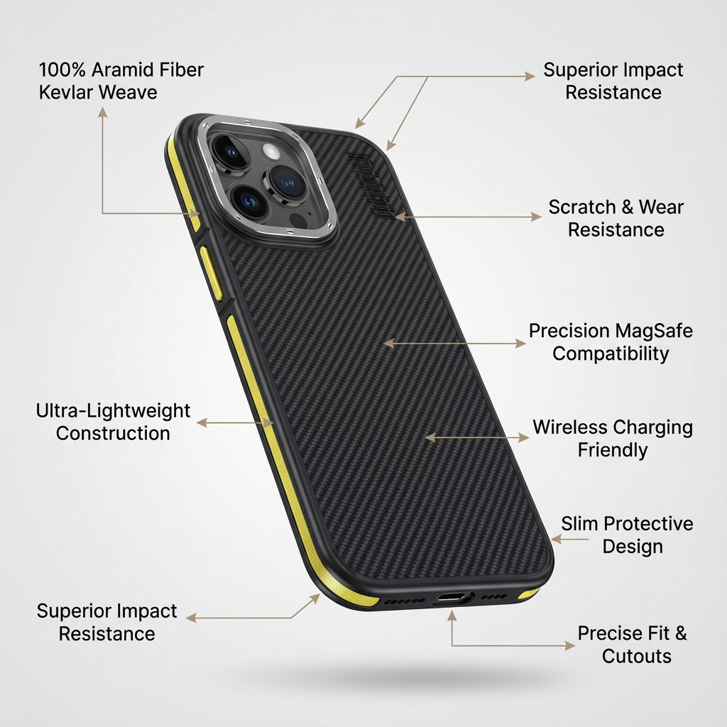 Premium 100% Aramid Fiber Kevlar iPhone Case – 600D Lightweight  Compatible Ultra-Thin Protective Cover for iPhone Models