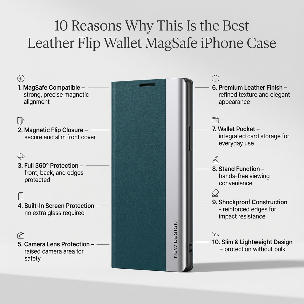 Luxury Flip Apple iPhone Case, MagSafe Compatible, Ultra Thin Magnetic Shockproof Full Protection Cover with Screen Guard, Book Style Stand and Wallet Pocket