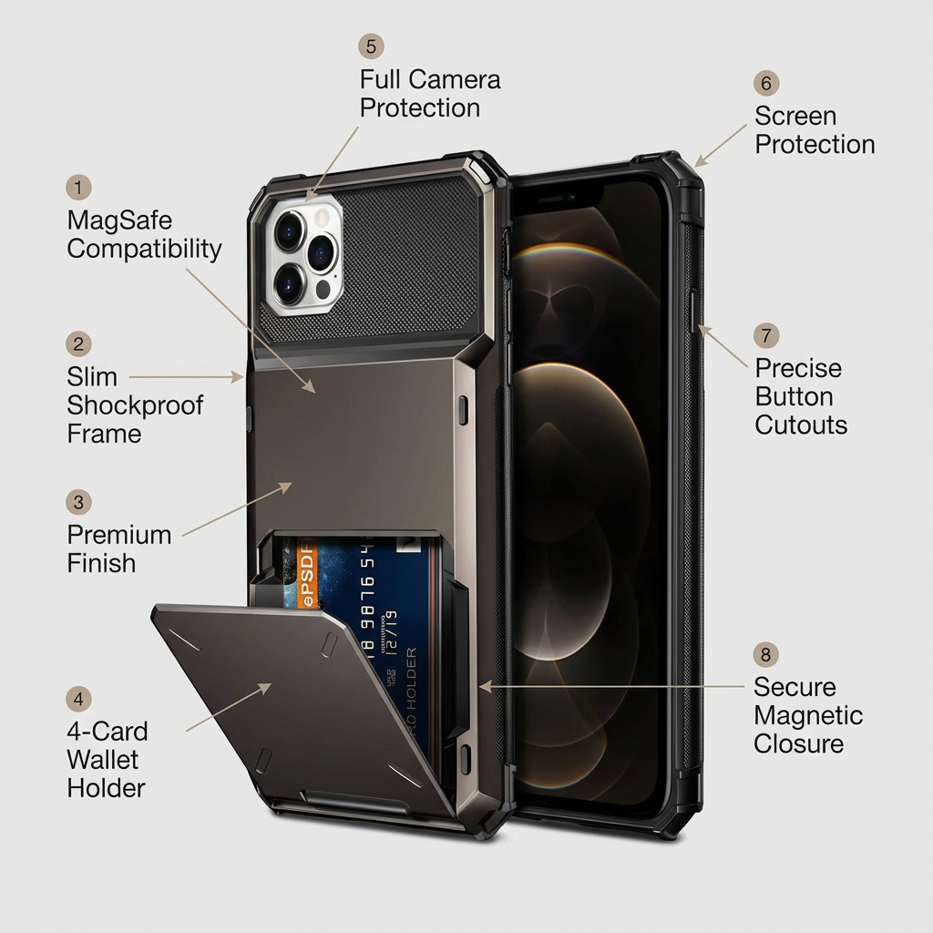 Luxury Wallet Apple iPhone Case, MagSafe Compatible Shockproof Cover with Camera Screen Protection, 4 Card Slot Holder Design