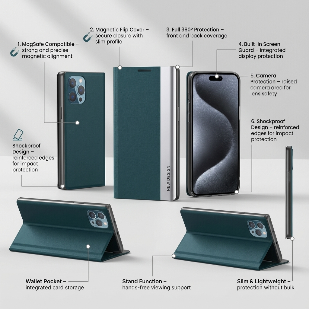 Luxury Flip Apple iPhone Case, MagSafe Compatible, Ultra Thin Magnetic Shockproof Full Protection Cover with Screen Guard, Book Style Stand and Wallet Pocket