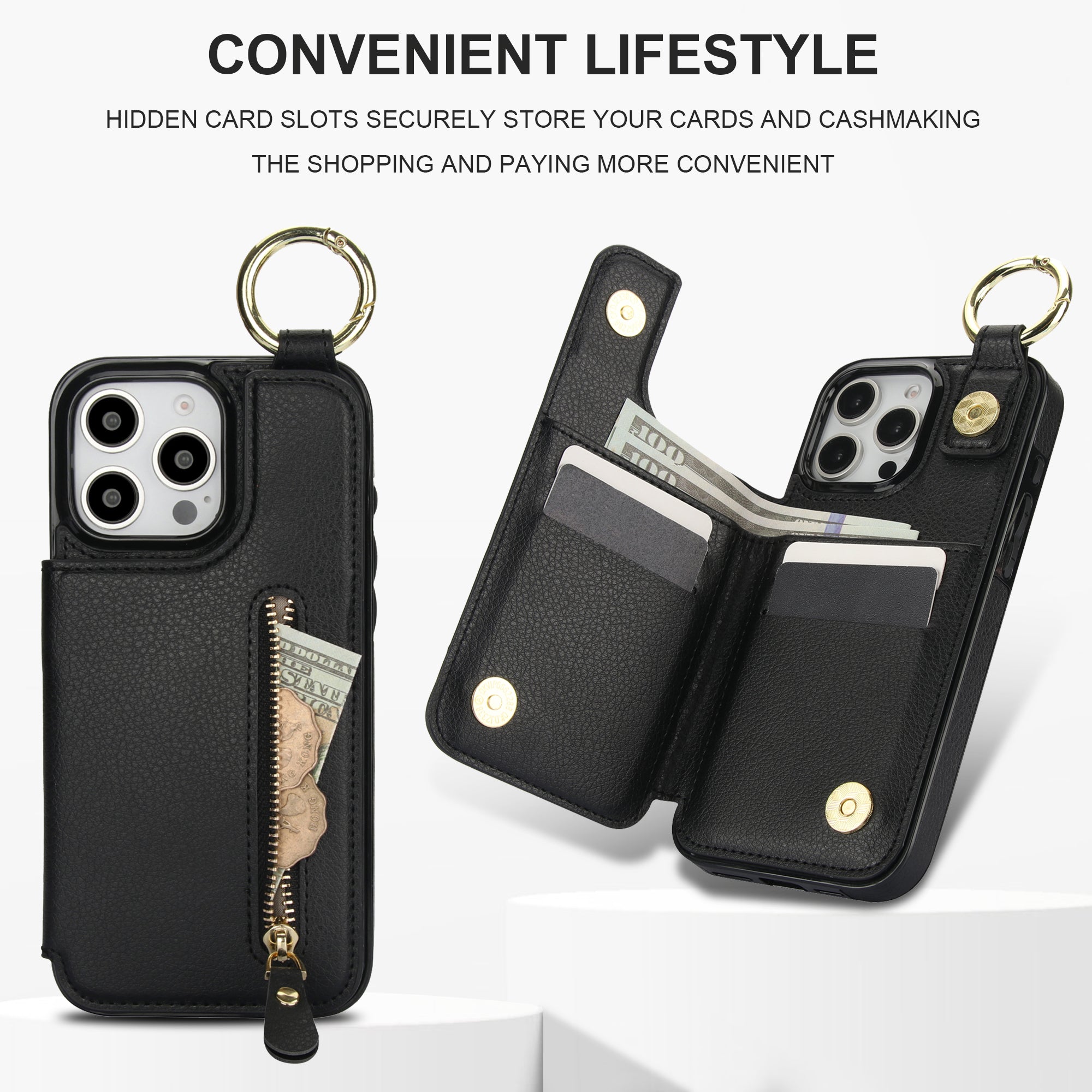 Luxuriöse iPhone-Hülle aus Leder im Brieftaschenformat mit Reißverschluss – Kartenhalter, Ringständer, stoßfester Schutz und Crossbody-Design für sicheren und stilvollen Komfort