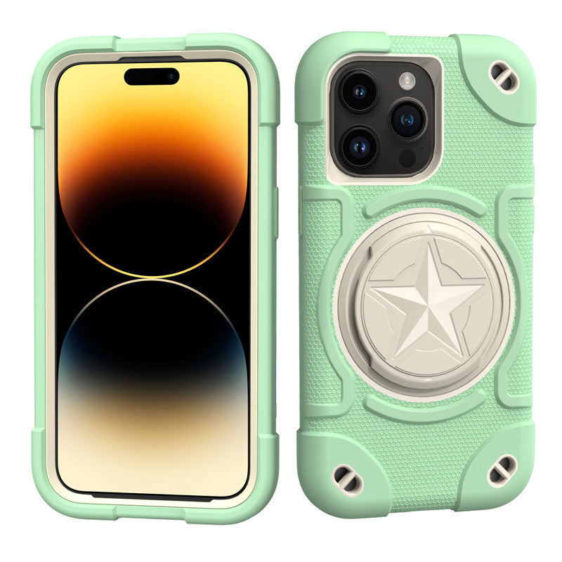 Shield Rotating Ring Rugged Stand iPhone Case – Star Design, Macaron Color Bumper Cover, Durable Protection for iPhone Models