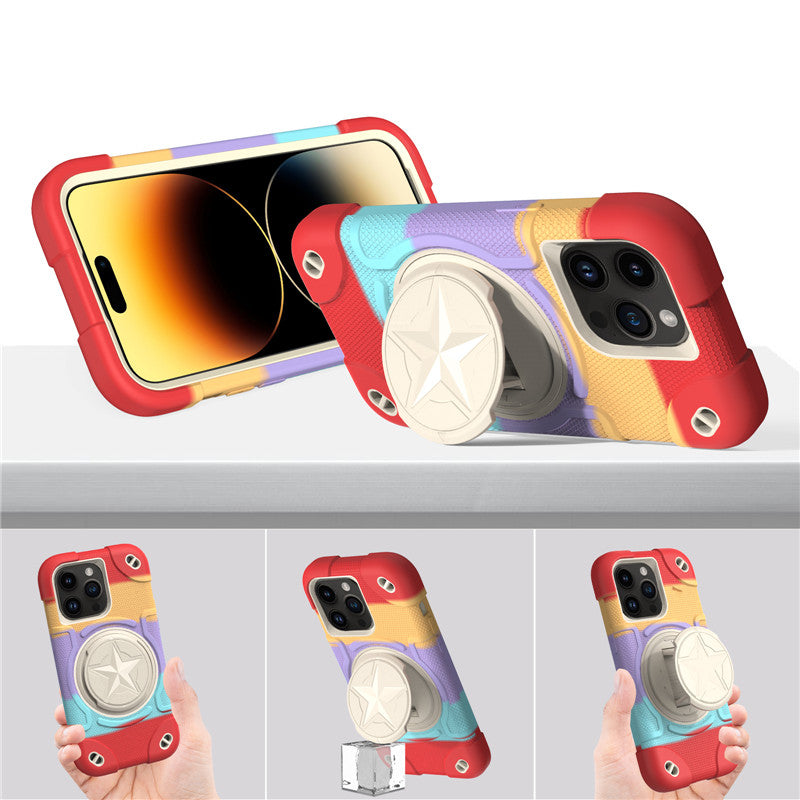Shield Rotating Ring Rugged Stand iPhone Case – Star Design, Macaron Color Bumper Cover, Durable Protection for iPhone Models