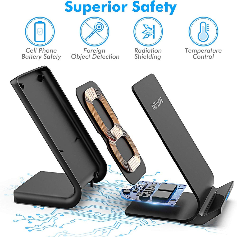 Premium 100W Wireless Charger Stand Fast Charging Station Pad for Apple iPhone, iOS, Android Smartphones – Type-C, Qi Dock, Dual Coil, Safety Features